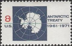 Blue and red 8-cent U.S. postage stamp picturing map of Antarctica
