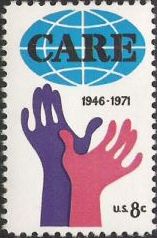 8-cent U.S. postage stamp picturing CARE logo and hands