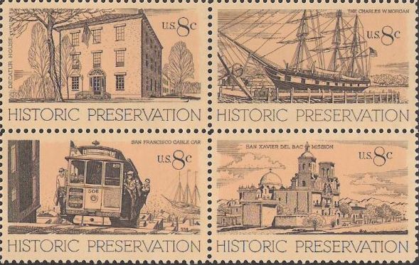 Block of four 8-cent U.S. postage stamps picturing Decatur House, the Charles W. Morgan, San Francisco cable car, and San Xavier del Bac Mission