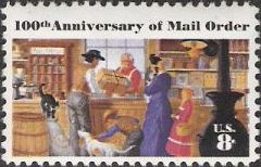 8-cent U.S. postage stamp picturing clerk handing package to family