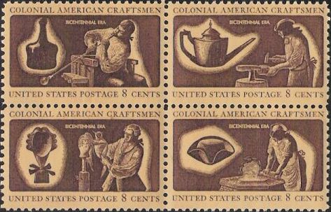 Block of four brown and yellow 8-cent U.S. postage stamps picturing colonial craftsmen