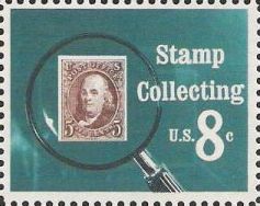 8-cent U.S. postage stamp picturing magnifying glass and 5-cent Benjamin Franklin stamp