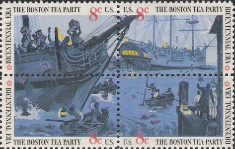 Block of four 8-cent U.S. postage stamps picturing colonists throwing crates off ships