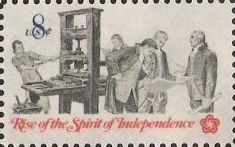 8-cent U.S. postage stamp picturing colonists by printing press