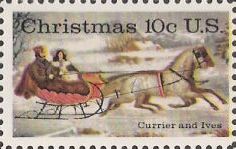 10-cent U.S. postage stamp picturing horse-drawn sled from Currier and Ives print
