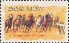 10-cent U.S. postage stamp picturing racehorses on track