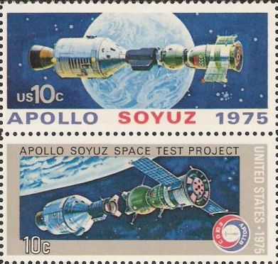 Pair of 10-cent U.S. postage stamps picturing Apollo and Soyuz spacecraft