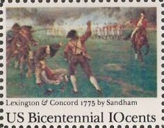 10-cent U.S. postage stamp picturing Sandham's Lexington & Concord painting