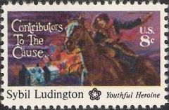 8-cent U.S. postage stamp picturing Sybin Ludington on a horse