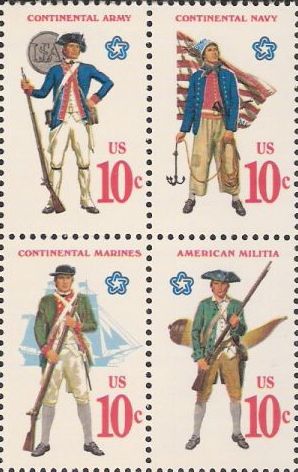 Block of four 10-cent U.S. postage stamps picturing Revolutionary War-era soldiers and sailors