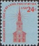 Red and blue 24-cent U.S. postage stamp picturing Old North Church in Boston, Massachusetts