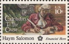 10-cent u.S. postage stamp picturing Haym Salomon writing with quill pen