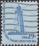 Blue 29-cent U.S. postage stamp picturing Sandy Hook Lighthouse in Jew Jersey