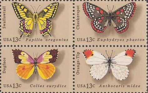 Block of four 13-cent U.S. postage stamps picturing butterflies
