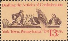 13-cent U.S. postage stamp picturing negotiators drafting Articles of Confederation