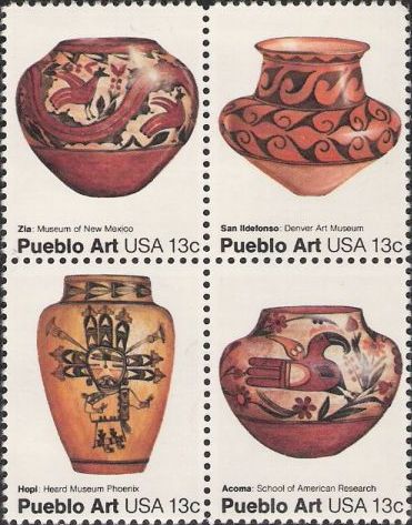 Block of four 13-cent U.S. postage stamps picturing Pueblo pots