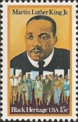 15-cent U.S. postage stamp picturing Martin Luther King Jr. and marchers