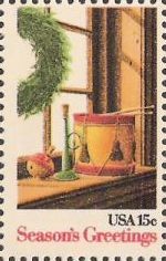 15-cent U.S. postage stamp picturing wreath and toys
