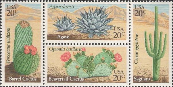Block of four 20-cent U.S. postage stamps picturing cacti and agave plants