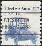 Blue 17-cent U.S. postage stamp picturing electric auto