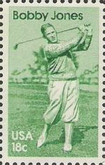 Green 18-cent U.S. postage stamp picturing Bobby Jones
