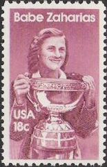 Purple 18-cent U.S. postage stamp picturing Babe Zaharias