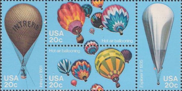Block of four 20-cent U.S. postage stamps picturing hot air balloons