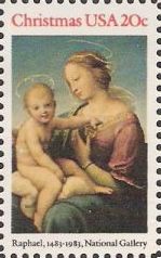 20-cent U.S. postage stamp picturing Raphael's Madonna and child painting
