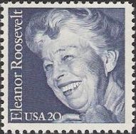 Blue 20-cent U.S. postage stamp picturing Eleanor Roosevelt