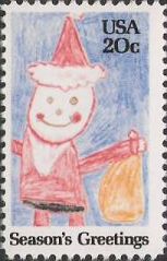20-cent U.S. postage stamp picturing crayon drawing of Santa Claus