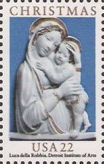 22-cent U.S. postage stamp picturing Luca della Robbia's Madonna and child painting