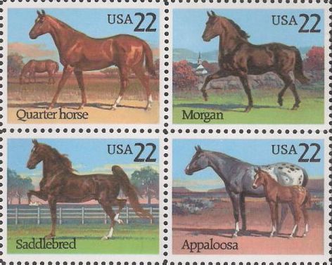 Block of four 22-cent U.S. postage stamps picturing horses