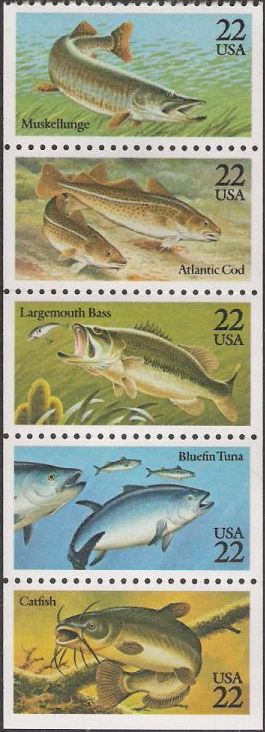 Booklet pane of five 22-cent U.S. postage stamps picturing fish