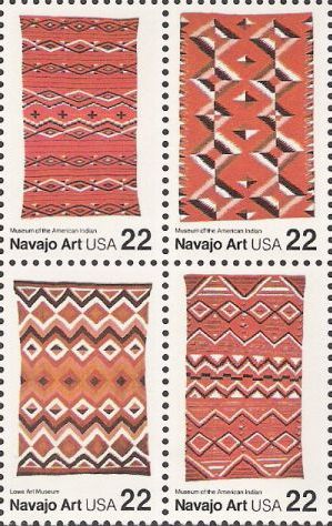 Block of four 22-cent U.S. postage stamps picturing Navajo blankets