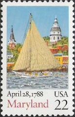 22-cent U.S. postage stamp picturing boat and buildings
