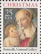 25-cent U.S. postage stamp picturing Botticelli's Madonna and child painting