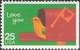 25-cent U.S. postage stamp picturing bird in mailbox