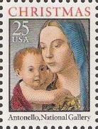 25-cent U.S. postage stamp picturing Antonello's Madonna and child painting