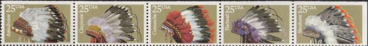 Strip of five 25-cent U.S. postage stamps picturing Native American headdresses