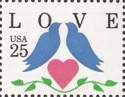 25-cent U.S. postage stamp picturing birds and heart