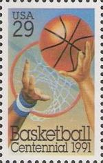 29-cent U.S. postage stamp picturing basketball, hoop, and hands