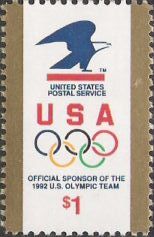 $1 U.S. postage stamp picturing USPS logo and Olympic rings