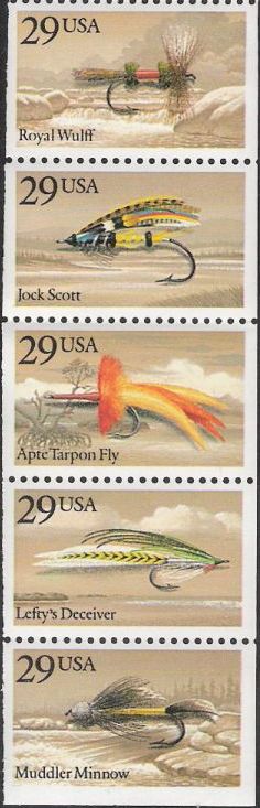 Booklet pane of five 29-cent U.S. postage stamps picturing fishing flies