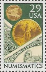 29-cent U.S. postage stamp picturing coins and banknotes