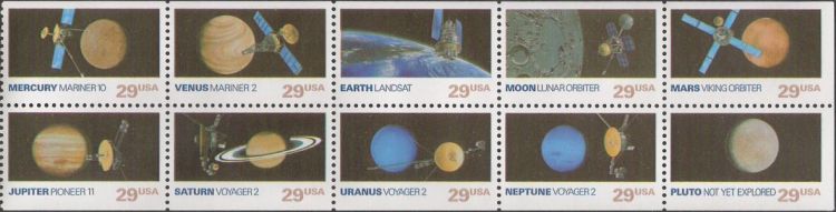 Booklet pane of 10 29-cent U.S. postage stamps picturing spacecraft and planets