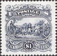 Blue $1 U.S. postage stamp picturing John Burgoyne's surrender