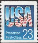 23-cent U.S. postage stamp bearing letters 'USA' formed from American flag and sky