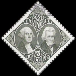Gray $5 U.S. postage stamp picturing George Washington and Andrew Jackson