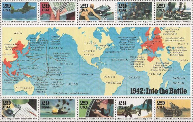 Sheet of 10 29-cent U.S. postage stamps commemorating World War II events