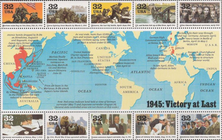 Sheet of 10 32-cent U.S. postage stamps commemorating World War II events